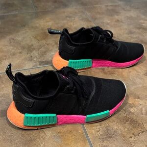 Adidas Black Sneakers with Orange, Pink, and Green Accents